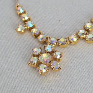 Vintage Aurora Borealis Rhinestone Floral Drop Necklace