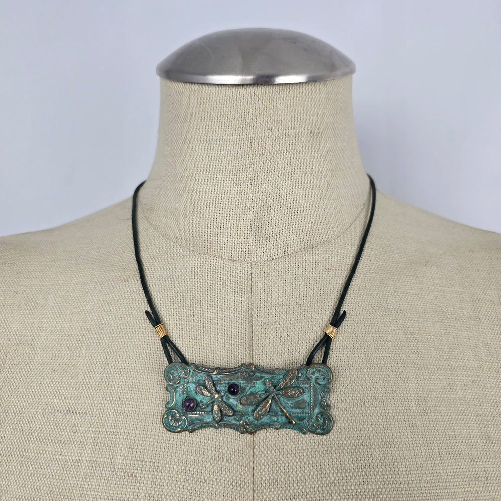 Signed Artisan Green Patina Dragonfly Pendant Necklace