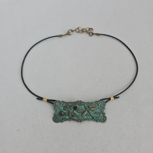 Signed Artisan Green Patina Dragonfly Pendant Necklace