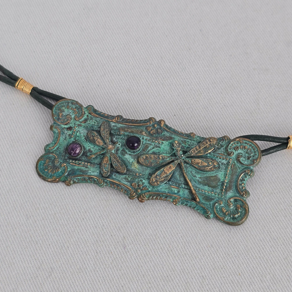 Signed Artisan Green Patina Dragonfly Pendant Necklace