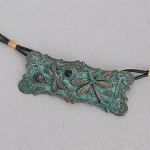Signed Artisan Green Patina Dragonfly Pendant Necklace