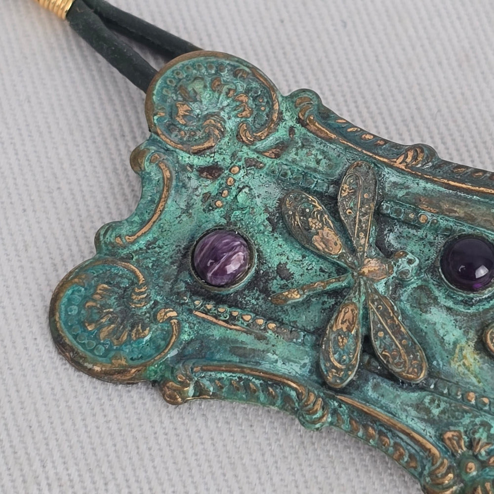 Signed Artisan Green Patina Dragonfly Pendant Necklace