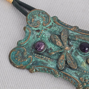 Signed Artisan Green Patina Dragonfly Pendant Necklace
