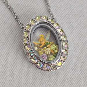 Disney Tinker Bell Silver-Tone Floating Crystal Oval Locket Necklace
