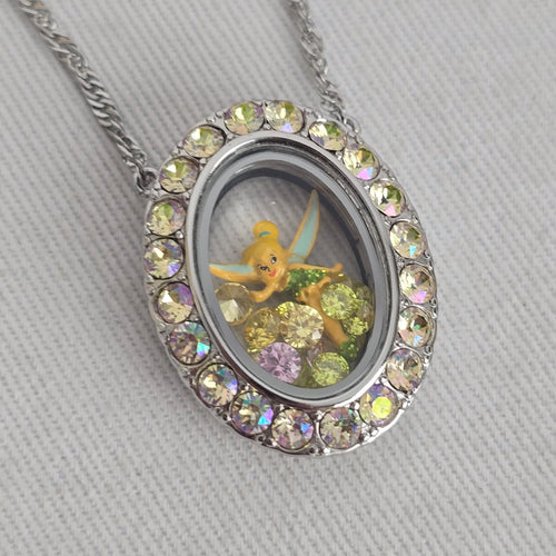 Disney Tinker Bell Silver-Tone Floating Crystal Oval Locket Necklace