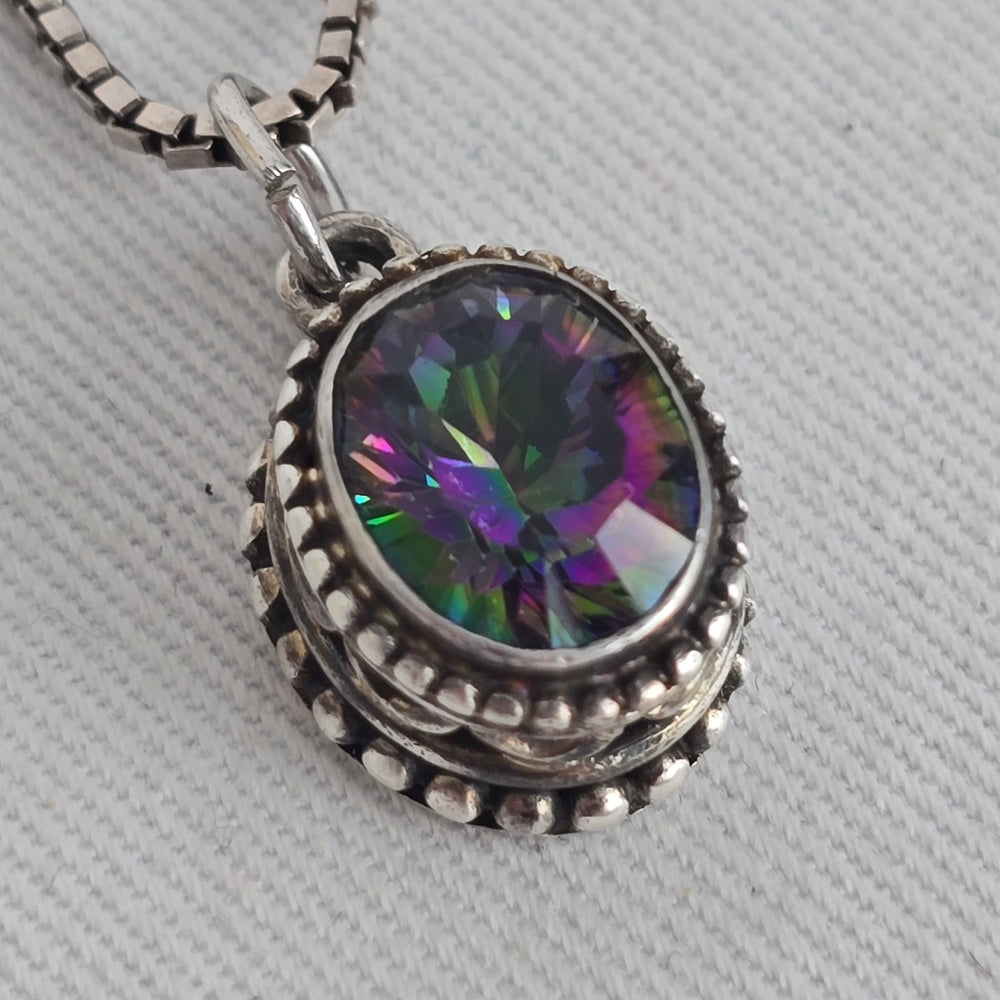 Sterling Silver 925 Oval Mystic Topaz Rainbow Stone Pendant Necklace