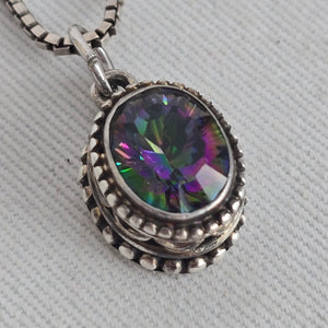 Sterling Silver 925 Oval Mystic Topaz Rainbow Stone Pendant Necklace
