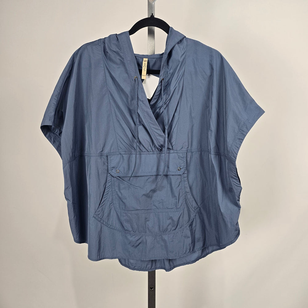 XCVI Blue Hooded Nylon Poncho Pullover Top - Size M/L