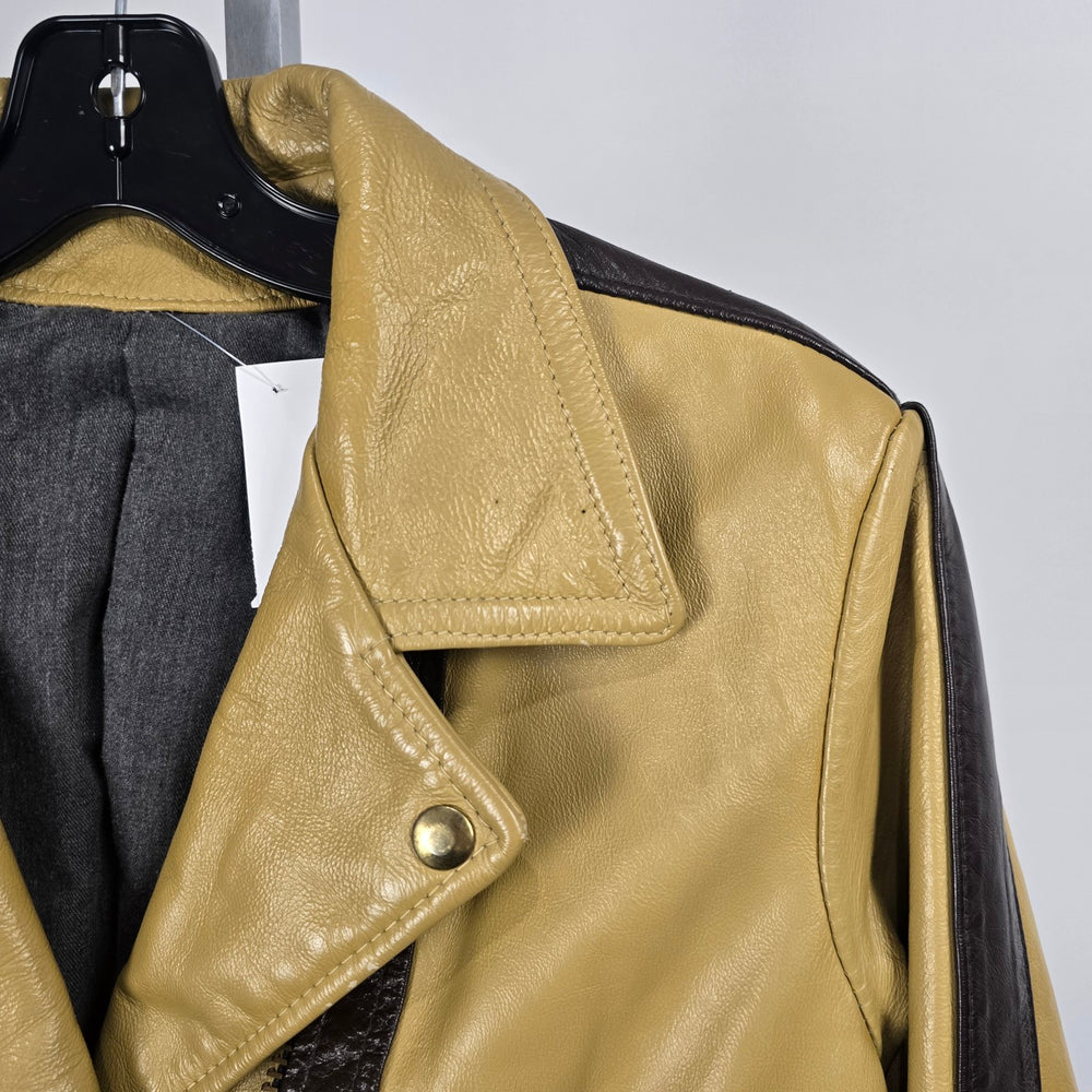 Vintage Tan & Brown Leather Moto Biker Jacket with Racing Stripes - Size S