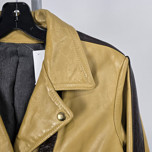 Vintage Tan & Brown Leather Moto Biker Jacket with Racing Stripes - Size S