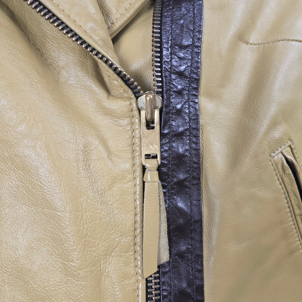 Vintage Tan & Brown Leather Moto Biker Jacket with Racing Stripes - Size S