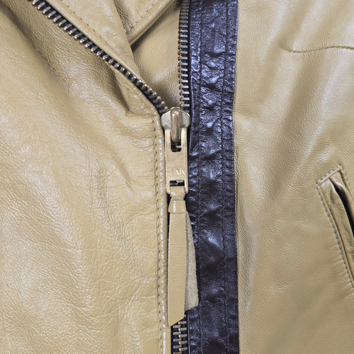 Vintage Tan & Brown Leather Moto Biker Jacket with Racing Stripes - Size S