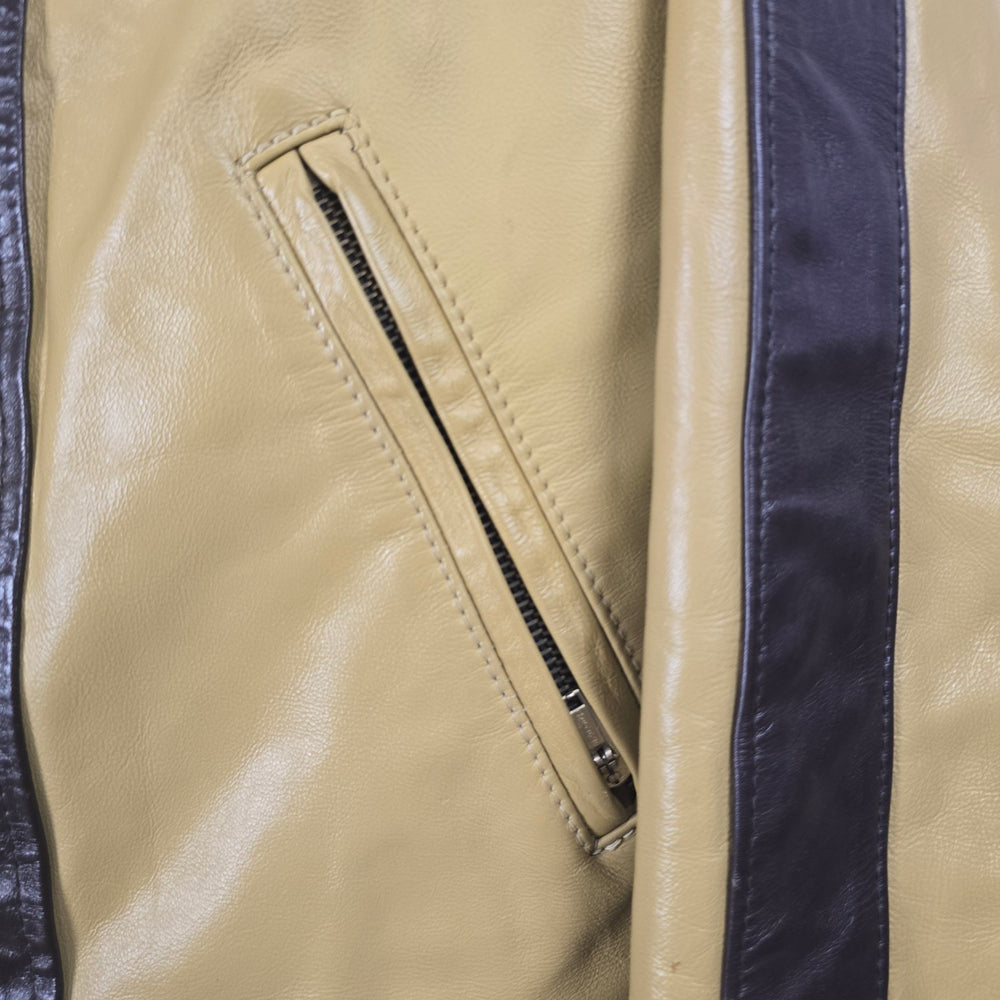 Vintage Tan & Brown Leather Moto Biker Jacket with Racing Stripes - Size S