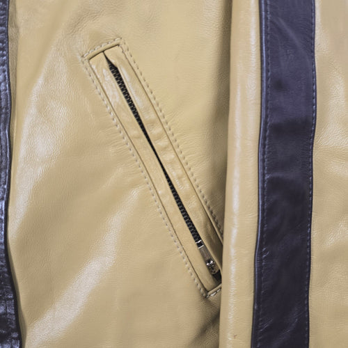 Vintage Tan & Brown Leather Moto Biker Jacket with Racing Stripes - Size S