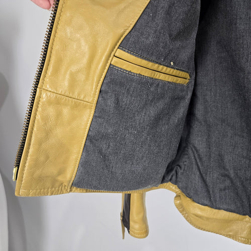 Vintage Tan & Brown Leather Moto Biker Jacket with Racing Stripes - Size S