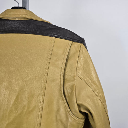 Vintage Tan & Brown Leather Moto Biker Jacket with Racing Stripes - Size S