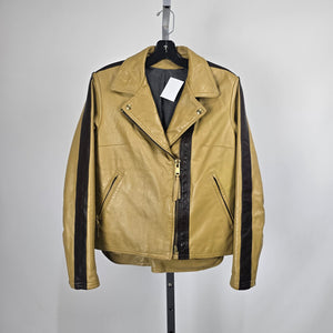 Vintage Tan & Brown Leather Moto Biker Jacket with Racing Stripes - Size S