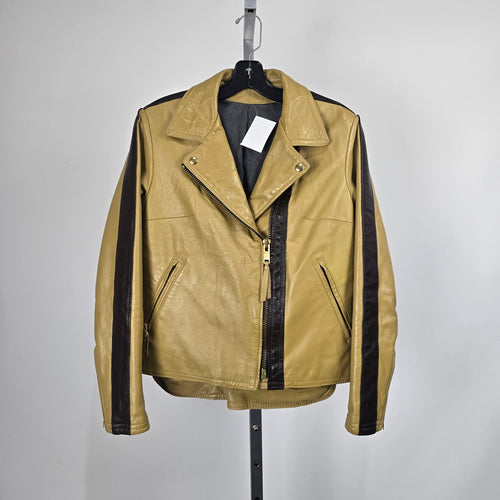 Vintage Tan & Brown Leather Moto Biker Jacket with Racing Stripes - Size S