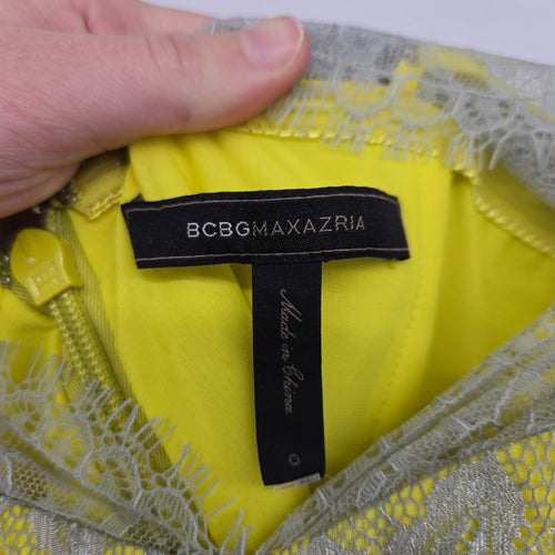 BCBGMAXAZRIA Yellow & Gray Metallic Lace Fit & Flare Dress - Size 0