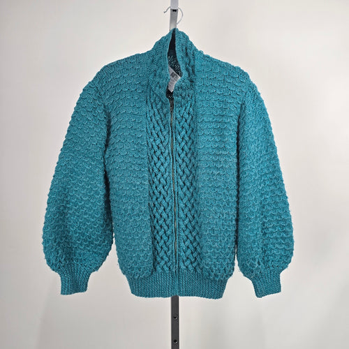 Vintage Handmade Teal Cable Knit Full Zip Cardigan Sweater - Size M/L