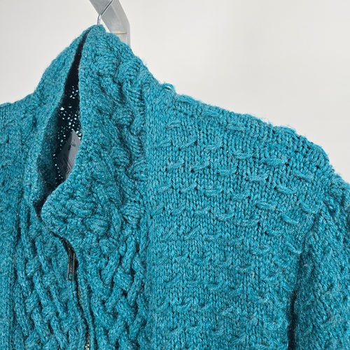 Vintage Handmade Teal Cable Knit Full Zip Cardigan Sweater - Size M/L