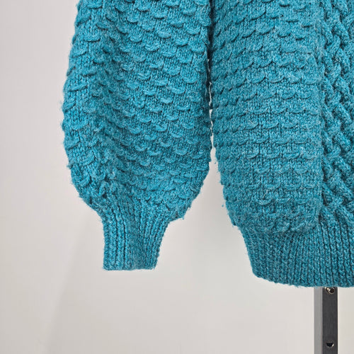 Vintage Handmade Teal Cable Knit Full Zip Cardigan Sweater - Size M/L