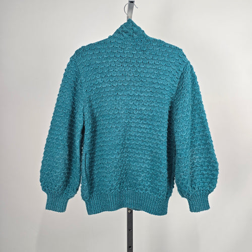 Vintage Handmade Teal Cable Knit Full Zip Cardigan Sweater - Size M/L