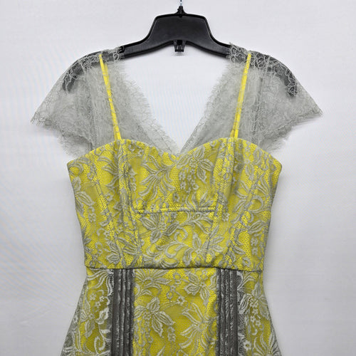 BCBGMAXAZRIA Yellow & Gray Metallic Lace Fit & Flare Dress - Size 0