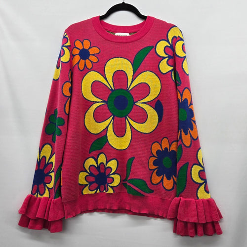 OXKNIT Pink Multicolor Floral Ruffle Sleeve Sweater - Size XL
