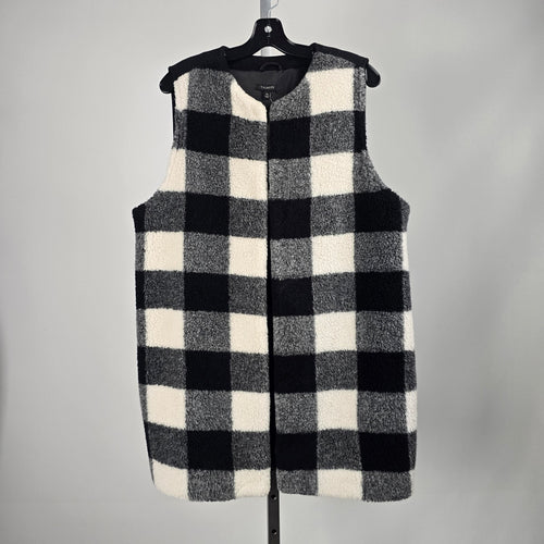 Talbots Black Gray & Ivory Buffalo Check Faux Fur Vest – Size XL