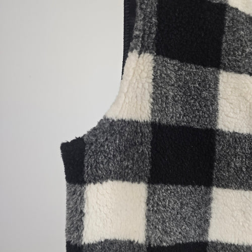 Talbots Black Gray & Ivory Buffalo Check Faux Fur Vest – Size XL