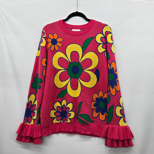 OXKNIT Pink Multicolor Floral Ruffle Sleeve Sweater - Size XL