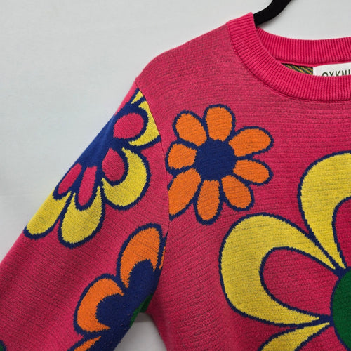 OXKNIT Pink Multicolor Floral Ruffle Sleeve Sweater - Size XL
