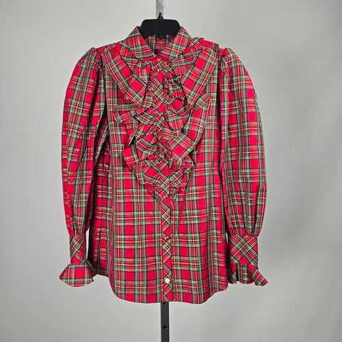 Women’s Red Tartan Plaid Ruffle Front Blouse Long Sleeve - Size M-L