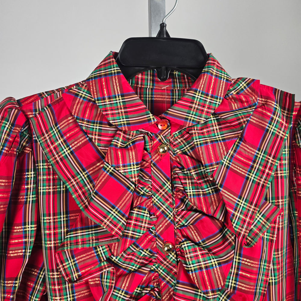 Women’s Red Tartan Plaid Ruffle Front Blouse Long Sleeve - Size M-L