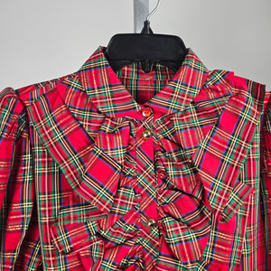 Women’s Red Tartan Plaid Ruffle Front Blouse Long Sleeve - Size M-L