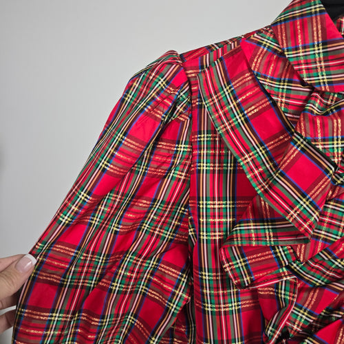 Women’s Red Tartan Plaid Ruffle Front Blouse Long Sleeve - Size M-L