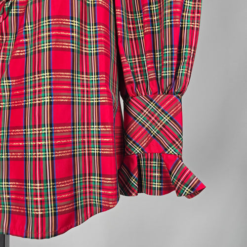 Women’s Red Tartan Plaid Ruffle Front Blouse Long Sleeve - Size M-L