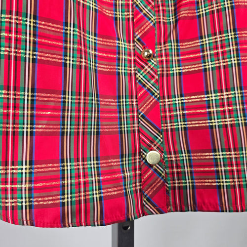 Women’s Red Tartan Plaid Ruffle Front Blouse Long Sleeve - Size M-L