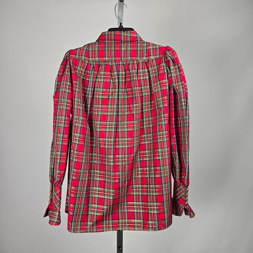 Women’s Red Tartan Plaid Ruffle Front Blouse Long Sleeve - Size M-L