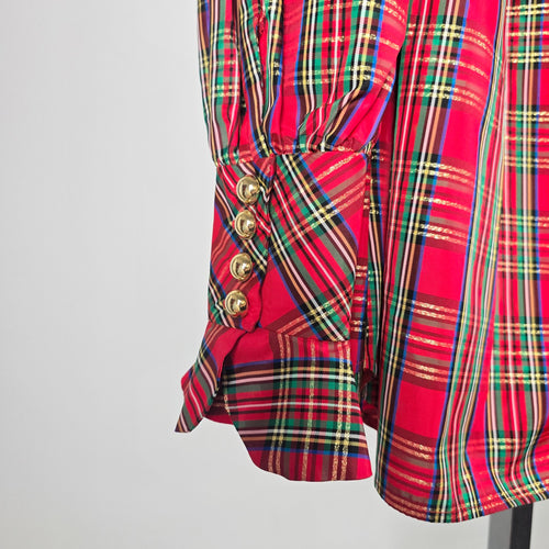 Women’s Red Tartan Plaid Ruffle Front Blouse Long Sleeve - Size M-L