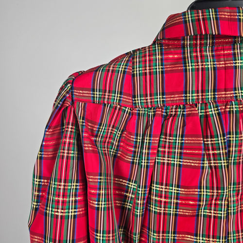 Women’s Red Tartan Plaid Ruffle Front Blouse Long Sleeve - Size M-L