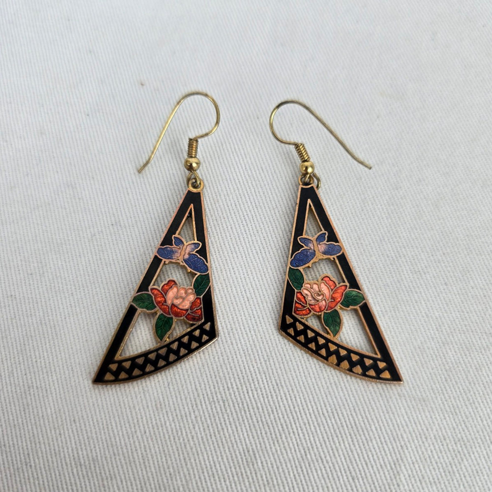 Vintage Cloisonné Cut-Out Geometric Rose & Butterfly Dangle Earrings