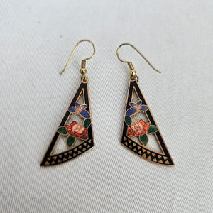 Vintage Cloisonné Cut-Out Geometric Rose & Butterfly Dangle Earrings