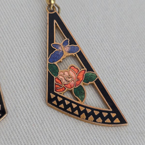 Vintage Cloisonné Cut-Out Geometric Rose & Butterfly Dangle Earrings