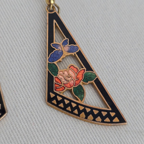Vintage Cloisonné Cut-Out Geometric Rose & Butterfly Dangle Earrings