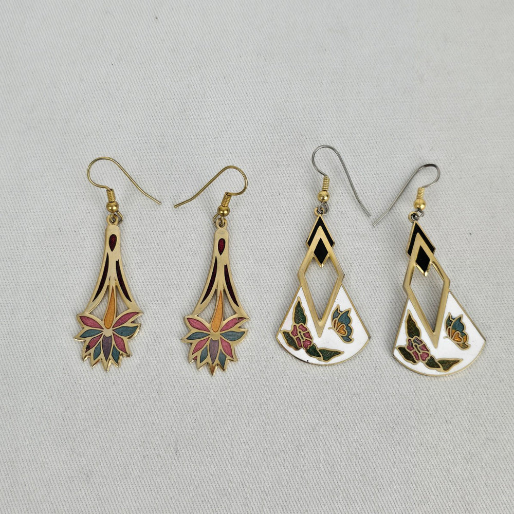 Vintage Cloisonné Gold Tone Enamel Floral Dangle Earrings - 2 Pairs