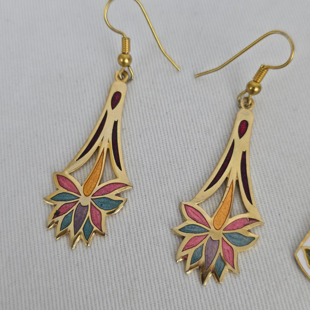 Vintage Cloisonné Gold Tone Enamel Floral Dangle Earrings - 2 Pairs