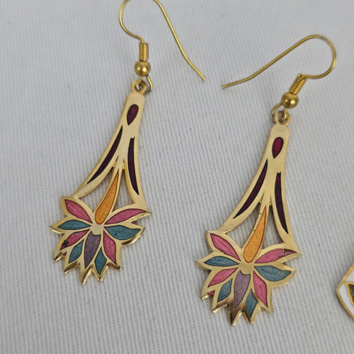 Vintage Cloisonné Gold Tone Enamel Floral Dangle Earrings - 2 Pairs