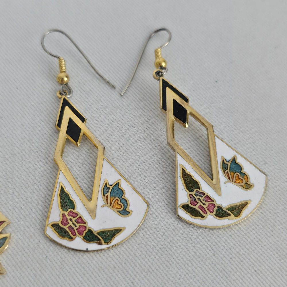 Vintage Cloisonné Gold Tone Enamel Floral Dangle Earrings - 2 Pairs